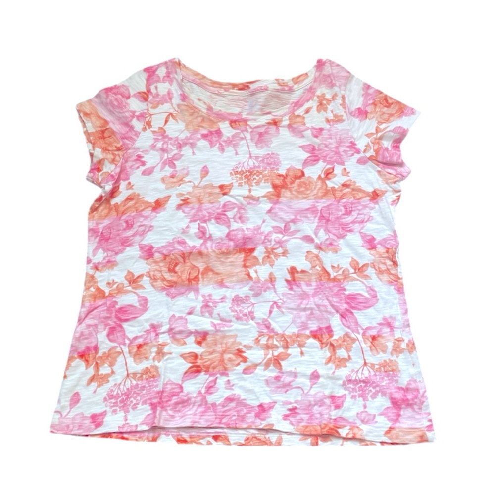 Land’s End Floral Multicolor Pink White Short Sleeve Tee Size XL Petite NWOT